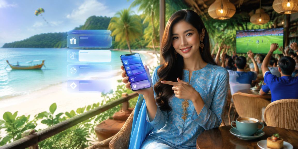 A woman in baju kurung in Langkawi using her phone to access the bt50 Sports Betting platform